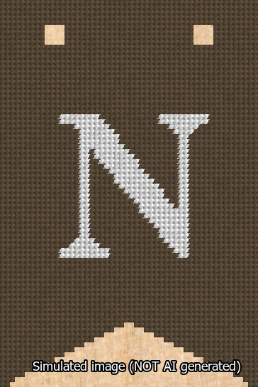 A simulated image of the stitched needlepoint design: Banner 13m Forked N White on Brown. Not A.I. generated.