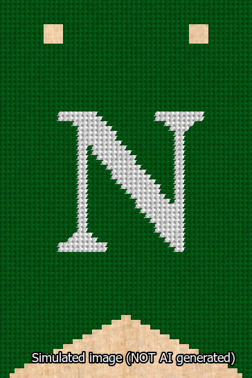 A simulated image of the stitched needlepoint design: Banner 13m Forked N White on Green. Not A.I. generated.