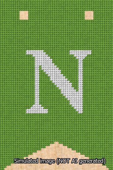 A simulated image of the stitched needlepoint design: Banner 13m Forked N White on Light Green. Not A.I. generated.