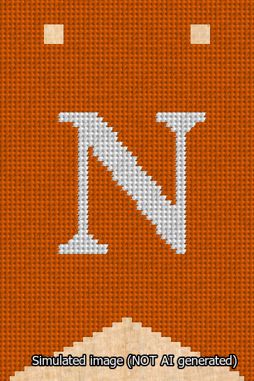 A simulated image of the stitched needlepoint design: Banner 13m Forked N White on Orange. Not A.I. generated.
