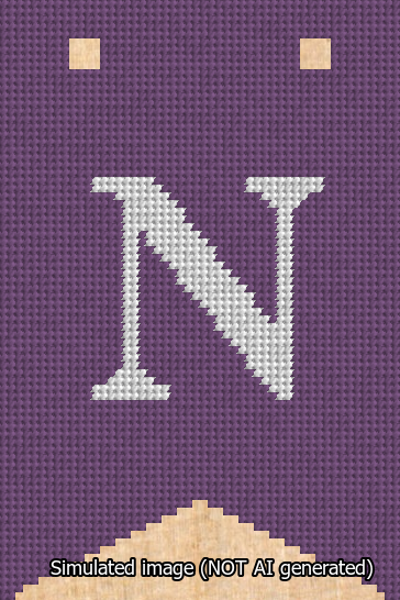 A simulated image of the stitched needlepoint design: Banner 13m Forked N White on Purple. Not A.I. generated.