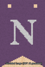 A simulated image of the stitched needlepoint design: Banner 13m Forked N White on Purple. Not A.I. generated.