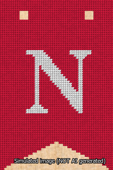 A simulated image of the stitched needlepoint design: Banner 13m Forked N White on Red. Not A.I. generated.