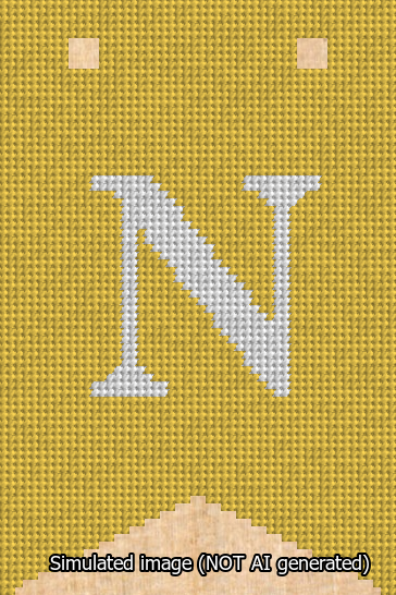 A simulated image of the stitched needlepoint design: Banner 13m Forked N White on Yellow. Not A.I. generated.