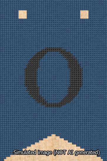 A simulated image of the stitched needlepoint design: Banner 13m Forked O Black on Blue. Not A.I. generated.
