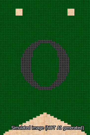 A simulated image of the stitched needlepoint design: Banner 13m Forked O Black on Green. Not A.I. generated.