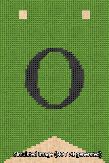A simulated image of the stitched needlepoint design: Banner 13m Forked O Black on Light Green. Not A.I. generated.