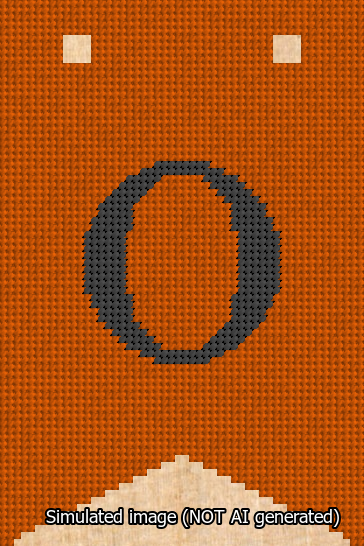 A simulated image of the stitched needlepoint design: Banner 13m Forked O Black on Orange. Not A.I. generated.