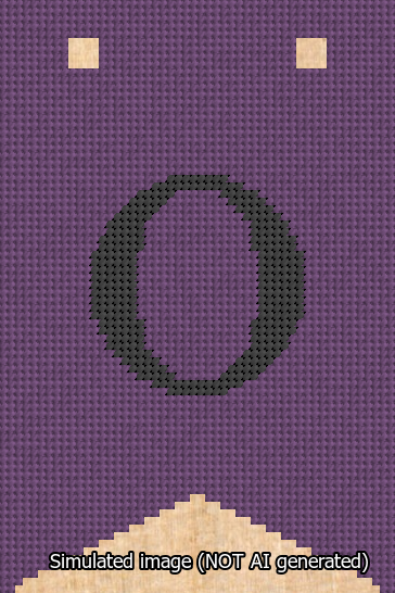 A simulated image of the stitched needlepoint design: Banner 13m Forked O Black on Purple. Not A.I. generated.