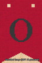 A simulated image of the stitched needlepoint design: Banner 13m Forked O Black on Red. Not A.I. generated.
