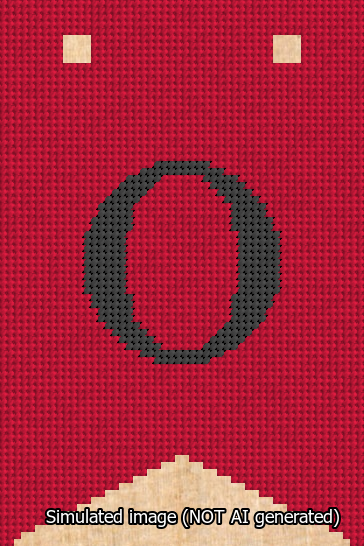 A simulated image of the stitched needlepoint design: Banner 13m Forked O Black on Red. Not A.I. generated.