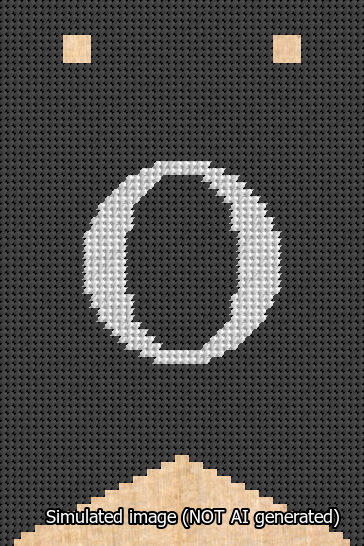 A simulated image of the stitched needlepoint design: Banner 13m Forked O White on Black. Not A.I. generated.