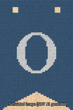 A simulated image of the stitched needlepoint design: Banner 13m Forked O White on Blue. Not A.I. generated.
