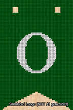 A simulated image of the stitched needlepoint design: Banner 13m Forked O White on Green. Not A.I. generated.