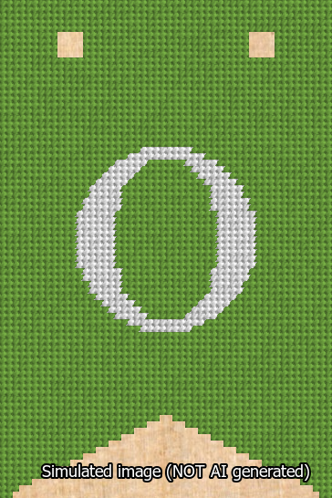 A simulated image of the stitched needlepoint design: Banner 13m Forked O White on Light Green. Not A.I. generated.