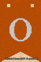 A simulated image of the stitched needlepoint design: Banner 13m Forked O White on Orange. Not A.I. generated.