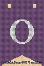 A simulated image of the stitched needlepoint design: Banner 13m Forked O White on Purple. Not A.I. generated.