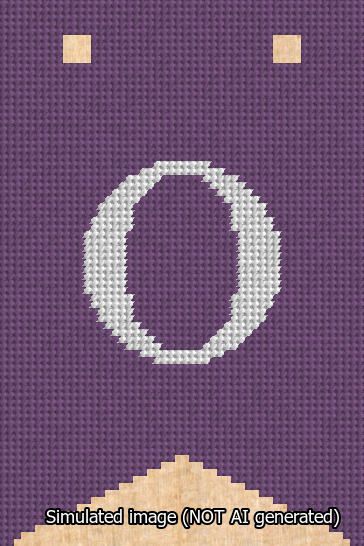 A simulated image of the stitched needlepoint design: Banner 13m Forked O White on Purple. Not A.I. generated.