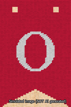 A simulated image of the stitched needlepoint design: Banner 13m Forked O White on Red. Not A.I. generated.