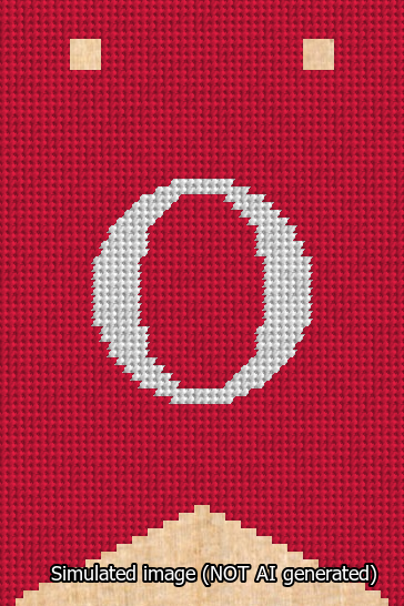 A simulated image of the stitched needlepoint design: Banner 13m Forked O White on Red. Not A.I. generated.