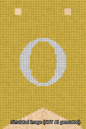 A simulated image of the stitched needlepoint design: Banner 13m Forked O White on Yellow. Not A.I. generated.