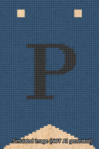 A simulated image of the stitched needlepoint design: Banner 13m Forked P Black on Blue. Not A.I. generated.