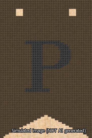 A simulated image of the stitched needlepoint design: Banner 13m Forked P Black on Brown. Not A.I. generated.
