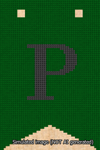 A simulated image of the stitched needlepoint design: Banner 13m Forked P Black on Green. Not A.I. generated.