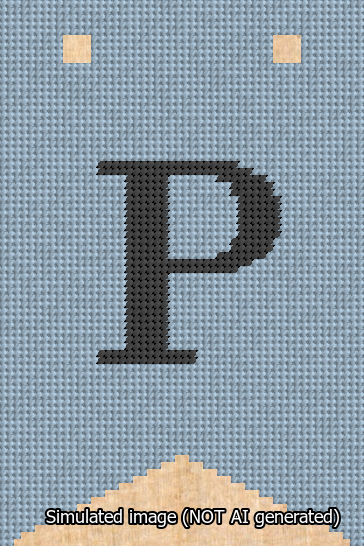 A simulated image of the stitched needlepoint design: Banner 13m Forked P Black on Light Blue. Not A.I. generated.