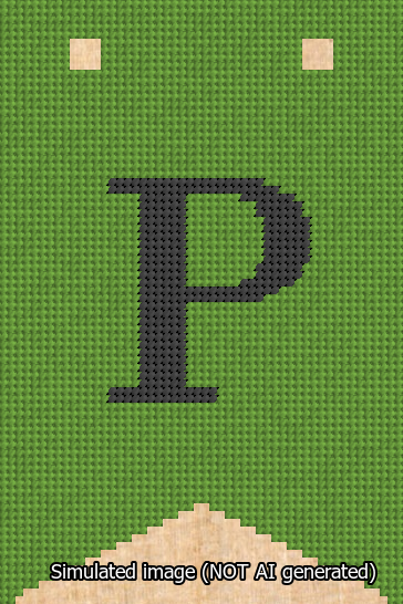 A simulated image of the stitched needlepoint design: Banner 13m Forked P Black on Light Green. Not A.I. generated.