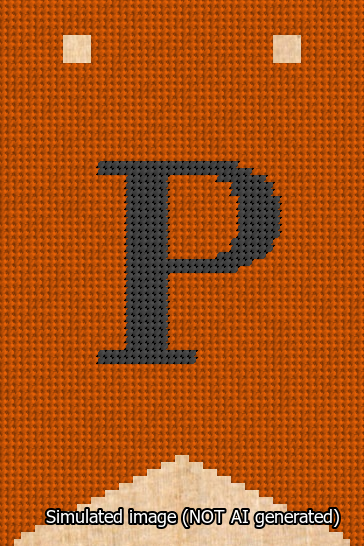 A simulated image of the stitched needlepoint design: Banner 13m Forked P Black on Orange. Not A.I. generated.