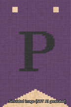 A simulated image of the stitched needlepoint design: Banner 13m Forked P Black on Purple. Not A.I. generated.