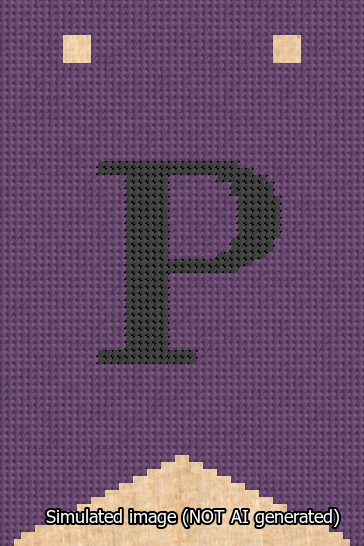 A simulated image of the stitched needlepoint design: Banner 13m Forked P Black on Purple. Not A.I. generated.
