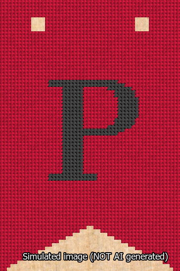 A simulated image of the stitched needlepoint design: Banner 13m Forked P Black on Red. Not A.I. generated.