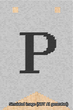 A simulated image of the stitched needlepoint design: Banner 13m Forked P Black on White. Not A.I. generated.