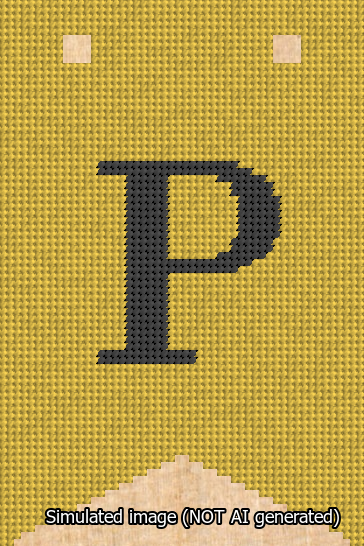 A simulated image of the stitched needlepoint design: Banner 13m Forked P Black on Yellow. Not A.I. generated.