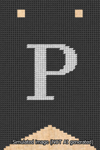 A simulated image of the stitched needlepoint design: Banner 13m Forked P White on Black. Not A.I. generated.