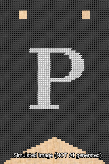 A simulated image of the stitched needlepoint design: Banner 13m Forked P White on Black. Not A.I. generated.