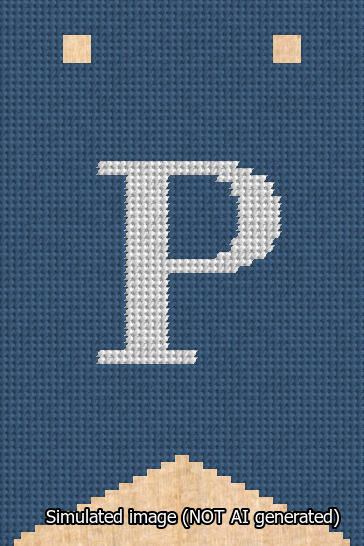 A simulated image of the stitched needlepoint design: Banner 13m Forked P White on Blue. Not A.I. generated.