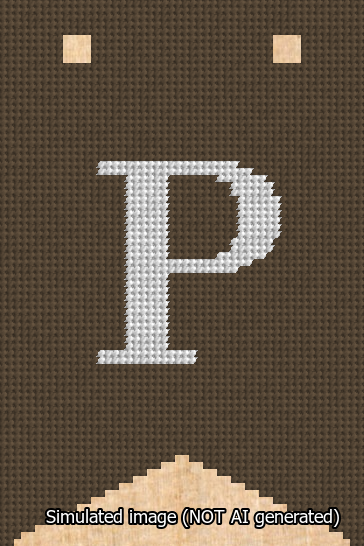 A simulated image of the stitched needlepoint design: Banner 13m Forked P White on Brown. Not A.I. generated.