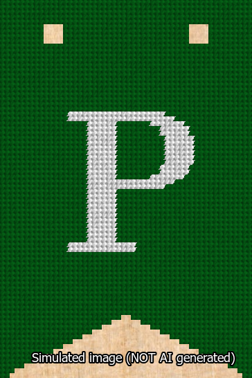 A simulated image of the stitched needlepoint design: Banner 13m Forked P White on Green. Not A.I. generated.