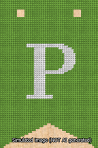 A simulated image of the stitched needlepoint design: Banner 13m Forked P White on Light Green. Not A.I. generated.