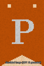 A simulated image of the stitched needlepoint design: Banner 13m Forked P White on Orange. Not A.I. generated.