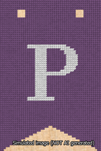 A simulated image of the stitched needlepoint design: Banner 13m Forked P White on Purple. Not A.I. generated.
