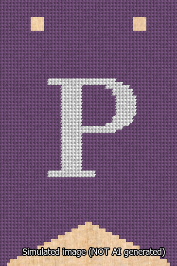 A simulated image of the stitched needlepoint design: Banner 13m Forked P White on Purple. Not A.I. generated.