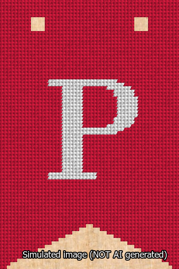 A simulated image of the stitched needlepoint design: Banner 13m Forked P White on Red. Not A.I. generated.