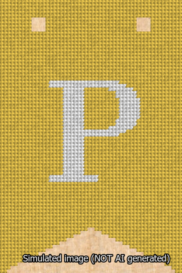 A simulated image of the stitched needlepoint design: Banner 13m Forked P White on Yellow. Not A.I. generated.