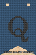 A simulated image of the stitched needlepoint design: Banner 13m Forked Q Black on Blue. Not A.I. generated.