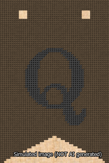 A simulated image of the stitched needlepoint design: Banner 13m Forked Q Black on Brown. Not A.I. generated.