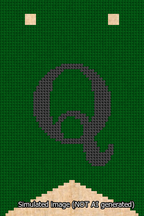 A simulated image of the stitched needlepoint design: Banner 13m Forked Q Black on Green. Not A.I. generated.